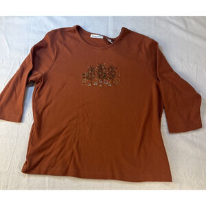 VTG Bonnie Evans Embroidered Pullover Shirt Burnt Orange Grammy Cottage Core PXL